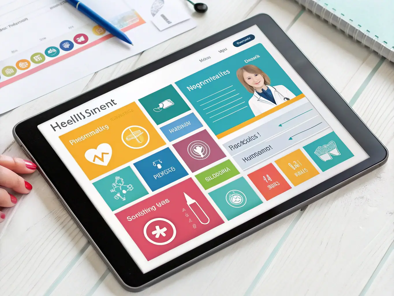 A screenshot of a mobile educational application on a tablet, showcasing interactive modules, quizzes, and case studies designed for healthcare professionals. The app interface is clean and user-friendly.