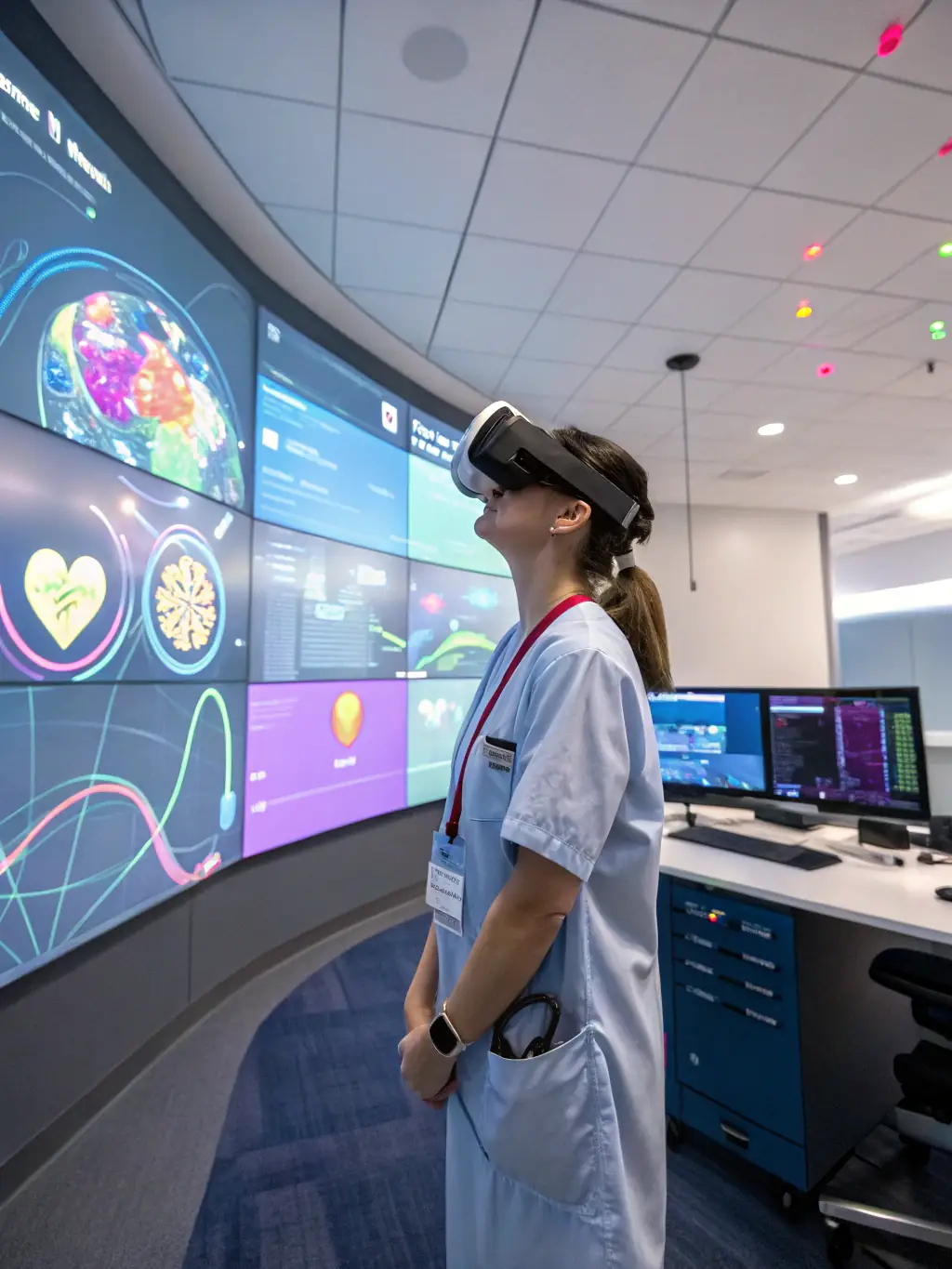 A doctor using a virtual reality headset to simulate a surgery, with advanced graphics and haptic feedback.