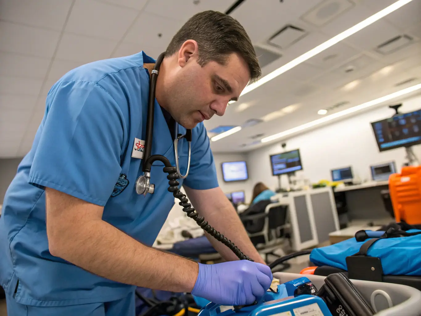 A detailed, photorealistic image of a medical professional using a surgical simulator, with a focus on the realistic graphics and haptic feedback of the device. The setting is a modern training facility.