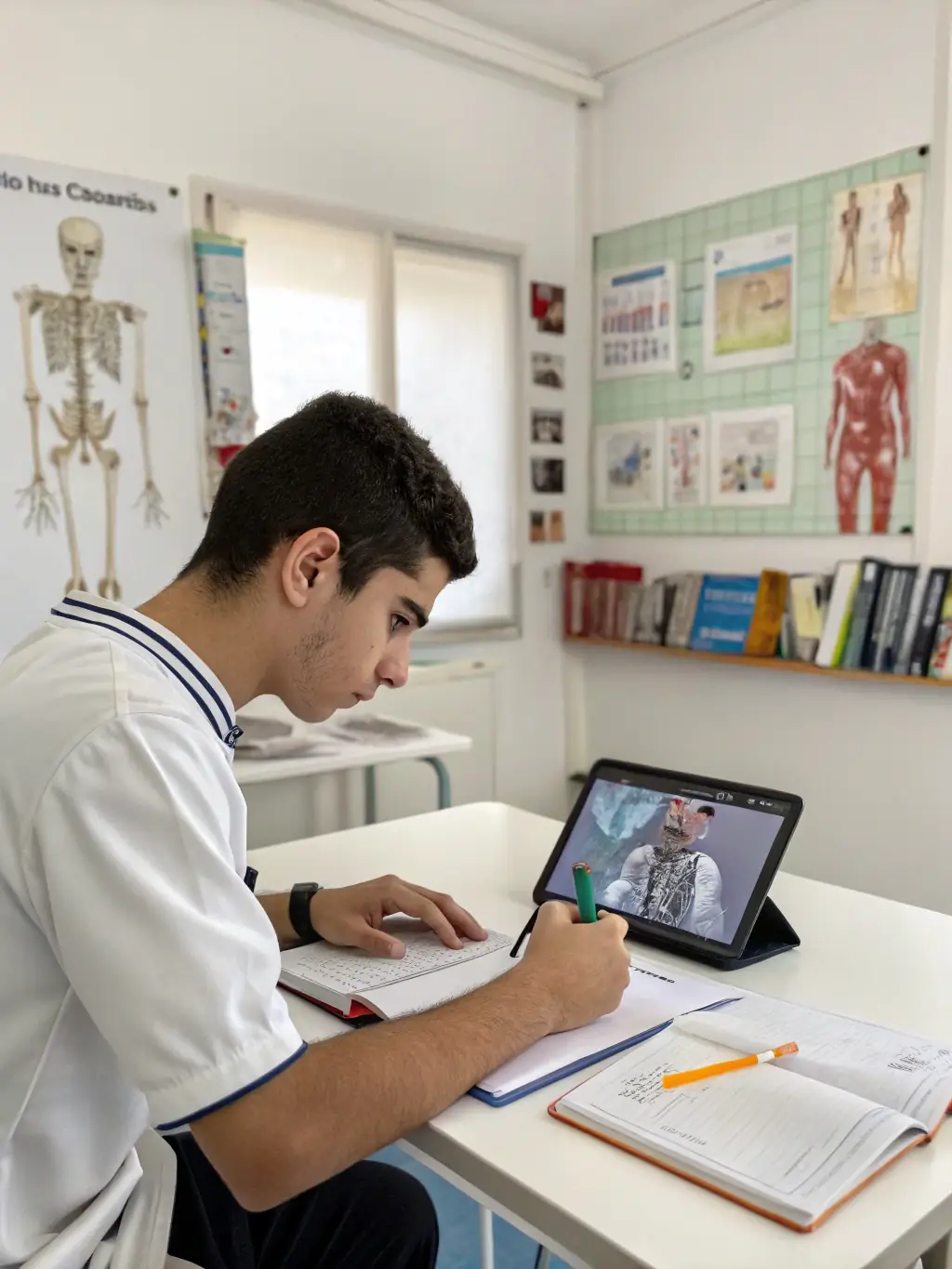 A smartphone displaying a medical quiz app with interactive features and medical images, used by a medical student in a library.