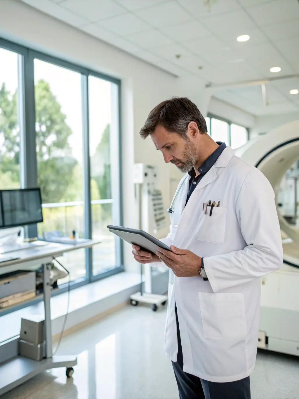 An image showing a healthcare professional using a high-fidelity medical simulator with digital interfaces and realistic anatomy models, in a modern training facility.