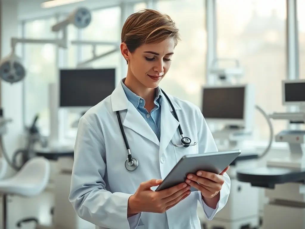 A medical professional using a mobile app on a tablet, highlighting the accessibility and convenience of mobile learning solutions offered by Peruvian Humanity E.I.R.L.